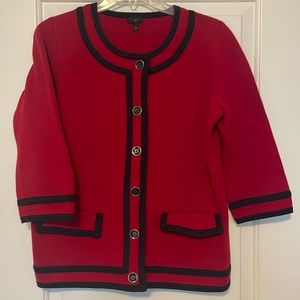 Talbots cardinal red sweater cardigan/jacket with navy blue trim